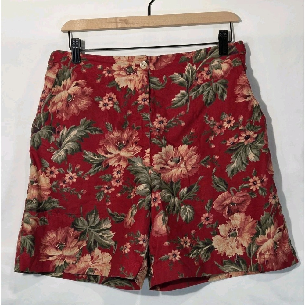 Lauren Ralph Lauren Shorts Womens Size 8 Red Tropical Floral Linen Mom Shorts